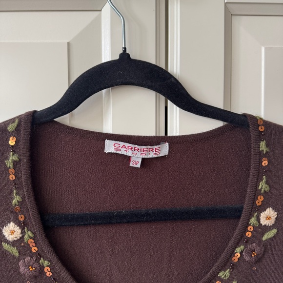 Vintage Y2K Brown Floral Embroidered Beaded Cardigan - Size Small - Picture 4 of 14